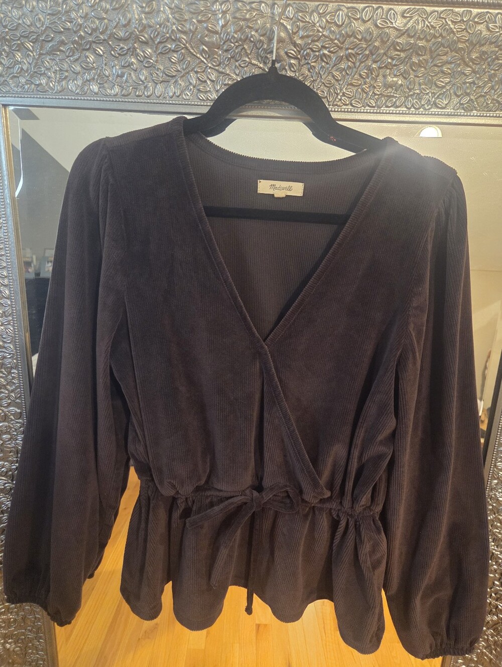 Madewell Brown Corduroy Tie Front Faux Wrap Peplum Top